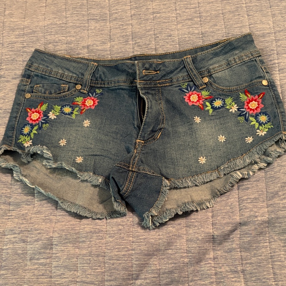 Rue21 Blue Denim Shorts with Colorful Floral Embroidery